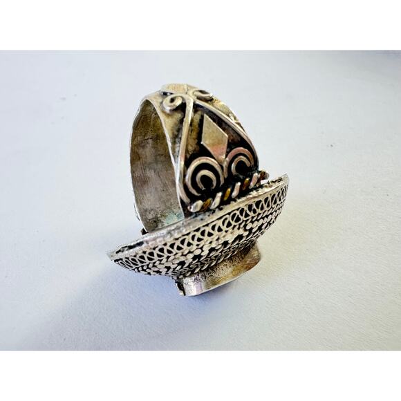 Vintage Afghan Lapis Lazuli Handmade Intricate Silver Uzbek Ring US 7 - 7.25 - Picture 3 of 7